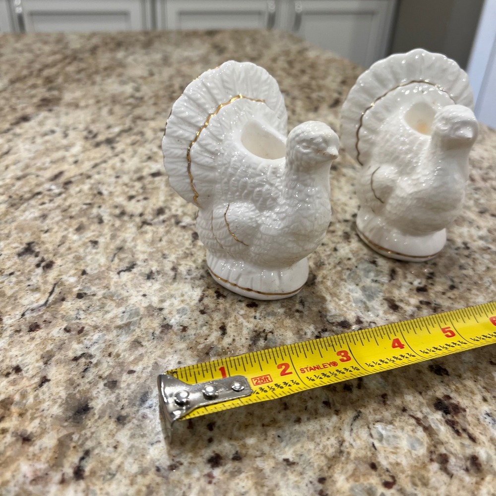 Vintage White Ceramic Turkey Candle Holders Gold Trim Thanksgiving Deco Set of 2 - Picture 2 of 5